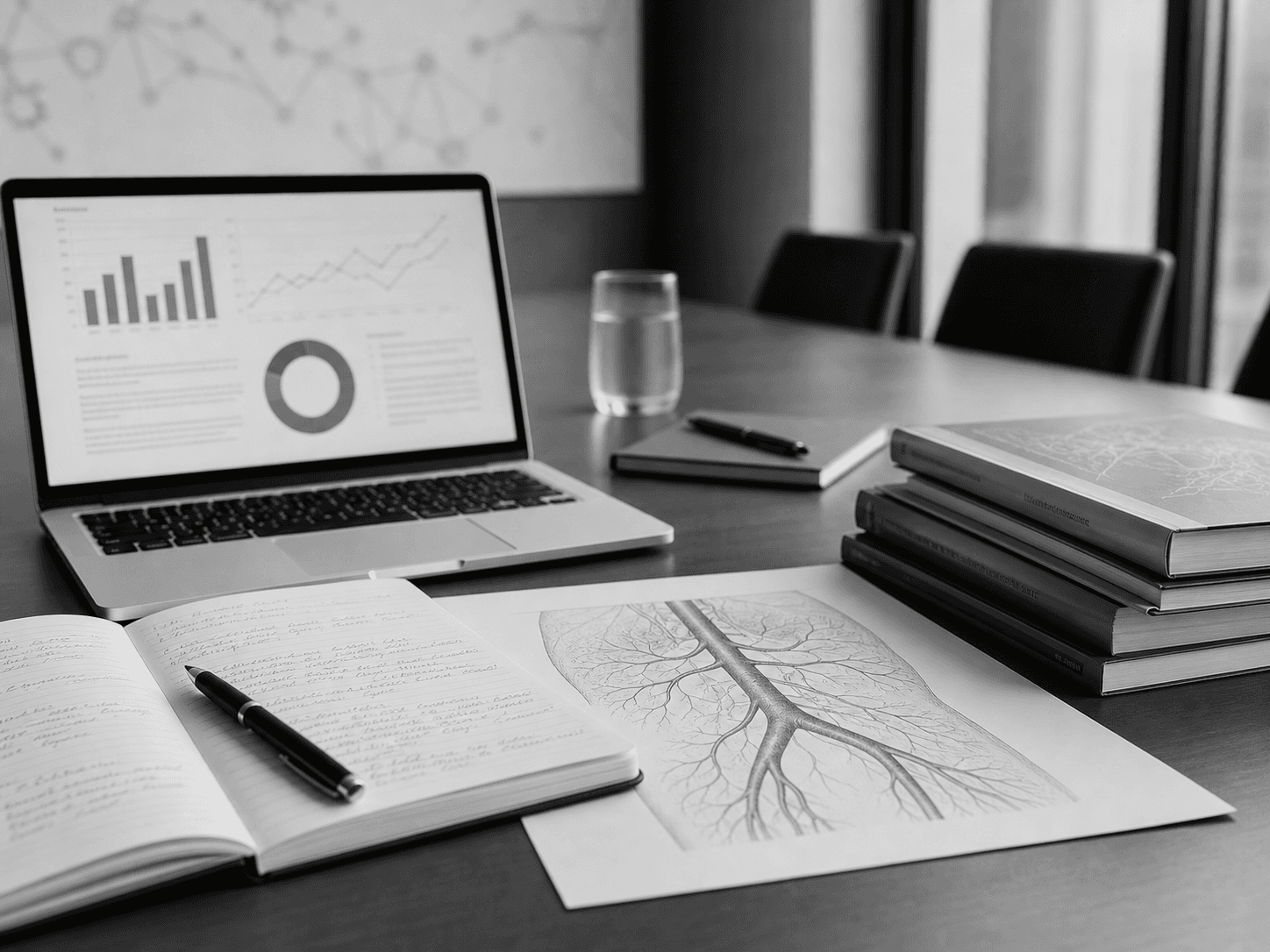 Greyscale academic medical research workspace